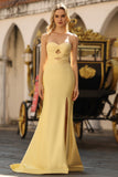 Yellow Strapless Mermaid Beaded Cut Out Satin Long Prom Dress with Slit