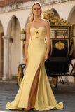 Yellow Strapless Mermaid Beaded Cut Out Satin Long Prom Dress with Slit