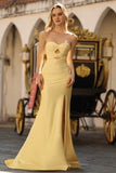 Yellow Strapless Mermaid Beaded Cut Out Satin Long Prom Dress with Slit