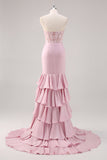 Blush Strapless Corset Tiered Long Mermaid Prom Dress with Slit