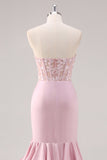 Blush Strapless Corset Tiered Long Mermaid Prom Dress with Slit