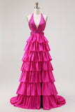 Fuchsia A Line Halter Tiered Open Back Beaded Long Prom Dress with Slit