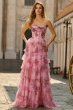 Strapless Blue Floral A Line Basque Waist Tiered Long Prom Dress with Slit