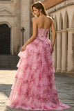 Strapless Blue Floral A Line Basque Waist Tiered Long Prom Dress with Slit