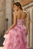 Strapless Blue Floral A Line Basque Waist Tiered Long Prom Dress with Slit