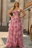 Strapless Blush Floral A Line Basque Waist Tiered Plus Size Long Prom Dress with Slit