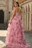 Strapless Blush Floral A Line Basque Waist Tiered Plus Size Long Prom Dress with Slit
