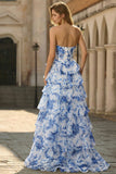 Strapless Blue Floral A Line Basque Waist Tiered Long Prom Dress with Slit