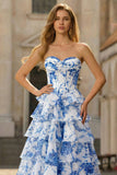 Strapless Blue Floral A Line Basque Waist Tiered Long Prom Dress with Slit