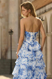 Strapless Blue Floral A Line Basque Waist Tiered Long Prom Dress with Slit
