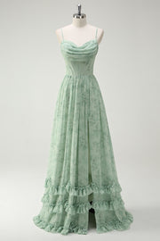 Green Floral A-Line Cowl Neck Corset Long Bridesmaid Dress with Ruffle Slit