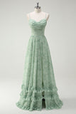 Green Floral A-Line Cowl Neck Corset Long Bridesmaid Dress with Ruffle Slit