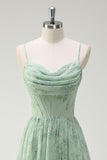Green Floral A-Line Cowl Neck Corset Long Bridesmaid Dress with Ruffle Slit