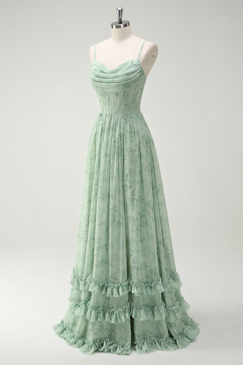Wedtrend Women Green Floral Bridesmaid Dress with Ruffle Slit Lace Up Back A-Line Cowl Neck Corset Long Wedding Guest Dress, Green Flower / US8 Wedtrend Women Green Floral Bridesmaid Dress with Ruffle Slit Lace Up Back A-Line Cowl Neck Corset Long Wedding Guest Dress, Green Flower / US8