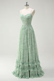 Green Floral A-Line Cowl Neck Corset Long Bridesmaid Dress with Ruffle Slit