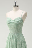 Green Floral A-Line Cowl Neck Corset Long Bridesmaid Dress with Ruffle Slit