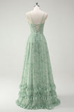 Green Floral A-Line Cowl Neck Corset Long Bridesmaid Dress with Ruffle Slit