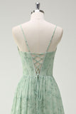 Green Floral A-Line Cowl Neck Corset Long Bridesmaid Dress with Ruffle Slit