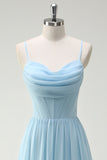 Sky Blue A-Line Cowl Neck Corset Floor Length Bridesmaid Dress with Ruffle Slit