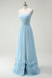 Sky Blue A-Line Cowl Neck Corset Floor Length Bridesmaid Dress with Ruffle Slit