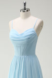 Sky Blue A-Line Cowl Neck Corset Floor Length Bridesmaid Dress with Ruffle Slit