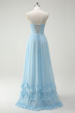Sky Blue A-Line Cowl Neck Corset Floor Length Bridesmaid Dress with Ruffle Slit