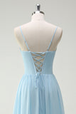 Sky Blue A-Line Cowl Neck Corset Floor Length Bridesmaid Dress with Ruffle Slit