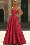 Fuchsia Floral A Line Strapless Brocade Long Prom Dress with Slit
