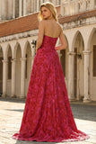 Fuchsia Floral A Line Strapless Brocade Long Prom Dress with Slit