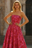 Fuchsia Floral A Line Strapless Brocade Long Prom Dress with Slit