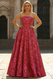 Fuchsia Floral A Line Strapless Brocade Long Plus Size Prom Dress with Slit