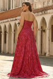 Fuchsia Floral A Line Strapless Brocade Long Plus Size Prom Dress with Slit