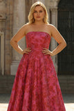 Fuchsia Floral A Line Strapless Brocade Long Plus Size Prom Dress with Slit