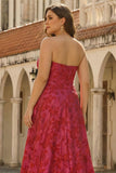 Fuchsia Floral A Line Strapless Brocade Long Plus Size Prom Dress with Slit