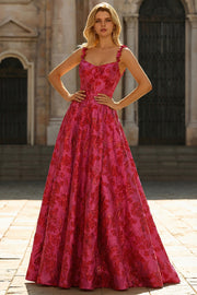 Fuchsia Floral A-Line Spaghetti Straps Jacquard Maxi Prom Dress with Slit
