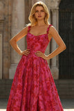 Fuchsia Floral A-Line Spaghetti Straps Jacquard Maxi Prom Dress with Slit