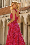 Fuchsia Floral A-Line Spaghetti Straps Jacquard Maxi Prom Dress with Slit