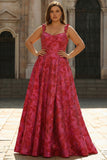 Fuchsia Floral A-Line Plus Size Jacquard Maxi Prom Dress with Slit