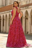 Fuchsia Floral A-Line Plus Size Jacquard Maxi Prom Dress with Slit