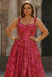 Fuchsia Floral A-Line Plus Size Jacquard Maxi Prom Dress with Slit