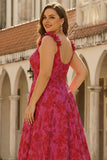 Fuchsia Floral A-Line Plus Size Jacquard Maxi Prom Dress with Slit