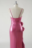 Fuchsia Mermaid Strapless Ruched 3D floral Metallic Prom Dress with Ruffled Slit