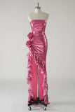 Fuchsia Mermaid Strapless Ruched 3D floral Metallic Prom Dress with Ruffled Slit