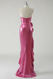 Fuchsia Mermaid Strapless Ruched 3D floral Metallic Prom Dress with Ruffled Slit
