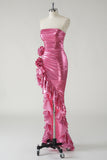 Fuchsia Mermaid Strapless Ruched 3D floral Metallic Prom Dress with Ruffled Slit