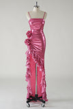 Fuchsia Mermaid Strapless Ruched 3D floral Metallic Prom Dress with Ruffled Slit