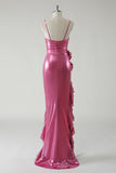 Fuchsia Mermaid Strapless Ruched 3D floral Metallic Prom Dress with Ruffled Slit