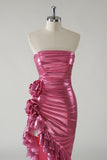 Fuchsia Mermaid Strapless Ruched 3D floral Metallic Prom Dress with Ruffled Slit