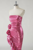 Fuchsia Mermaid Strapless Ruched 3D floral Metallic Prom Dress with Ruffled Slit