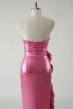 Fuchsia Mermaid Strapless Ruched 3D floral Metallic Prom Dress with Ruffled Slit